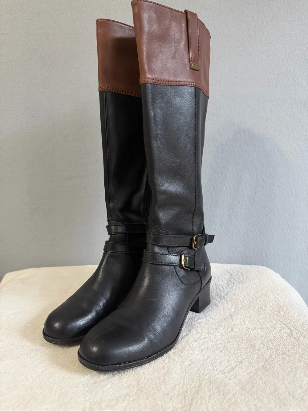 Bandolino Carlota Boots Two-Tone Black/Brown Size 6M Women’s Leather Block Heel